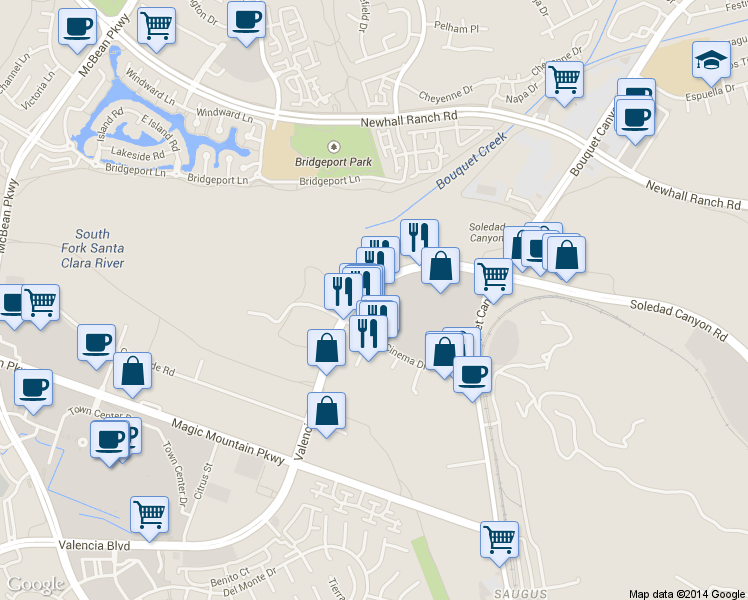 map of restaurants, bars, coffee shops, grocery stores, and more near 23320 Valencia Boulevard in Santa Clarita