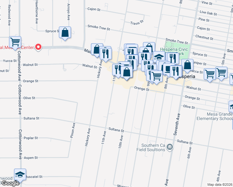 map of restaurants, bars, coffee shops, grocery stores, and more near 9407 11th Avenue in Hesperia