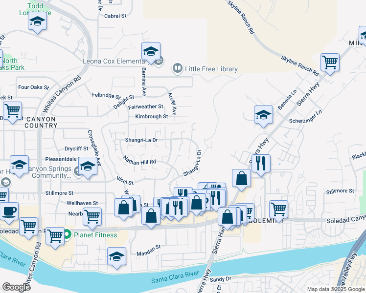 map of restaurants, bars, coffee shops, grocery stores, and more near 27631 Atlas Lane in Santa Clarita