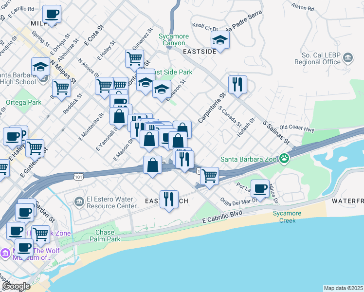 map of restaurants, bars, coffee shops, grocery stores, and more near 1012A Carpinteria Street in Santa Barbara