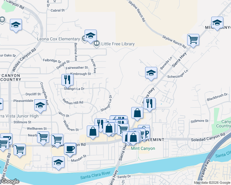 map of restaurants, bars, coffee shops, grocery stores, and more near 18530 Olympian Court in Santa Clarita