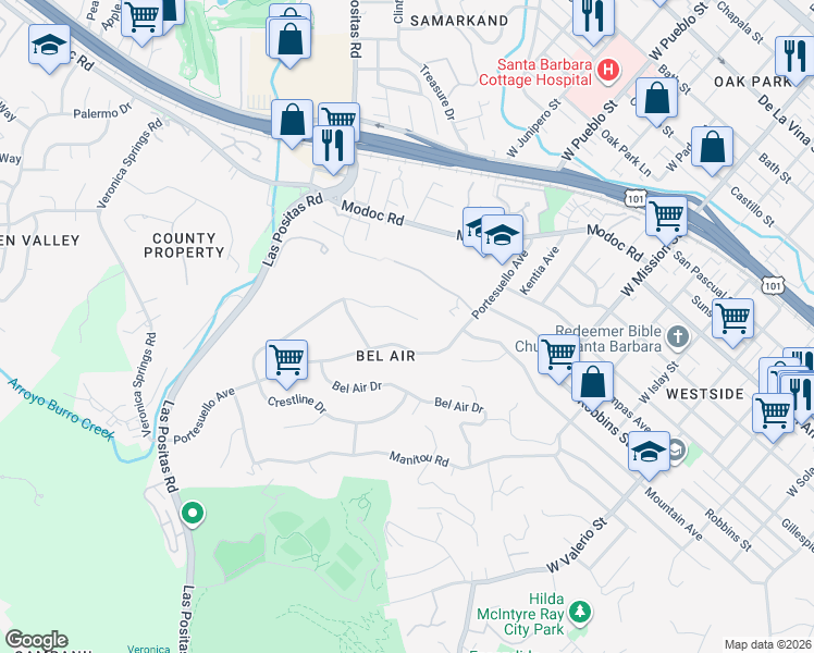 map of restaurants, bars, coffee shops, grocery stores, and more near 1111 Crestline Drive in Santa Barbara