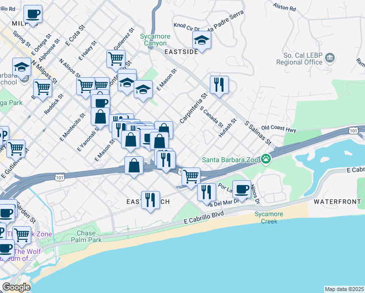 map of restaurants, bars, coffee shops, grocery stores, and more near 1035 Cacique Street in Santa Barbara