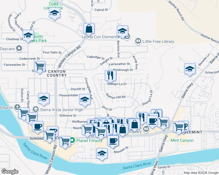 map of restaurants, bars, coffee shops, grocery stores, and more near 27662 Auburn Court in Santa Clarita