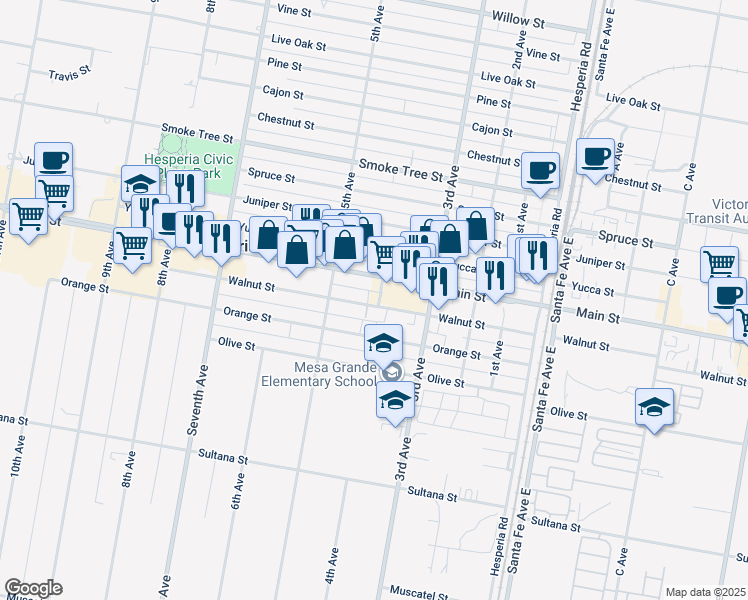 map of restaurants, bars, coffee shops, grocery stores, and more near Walnut Street in Hesperia