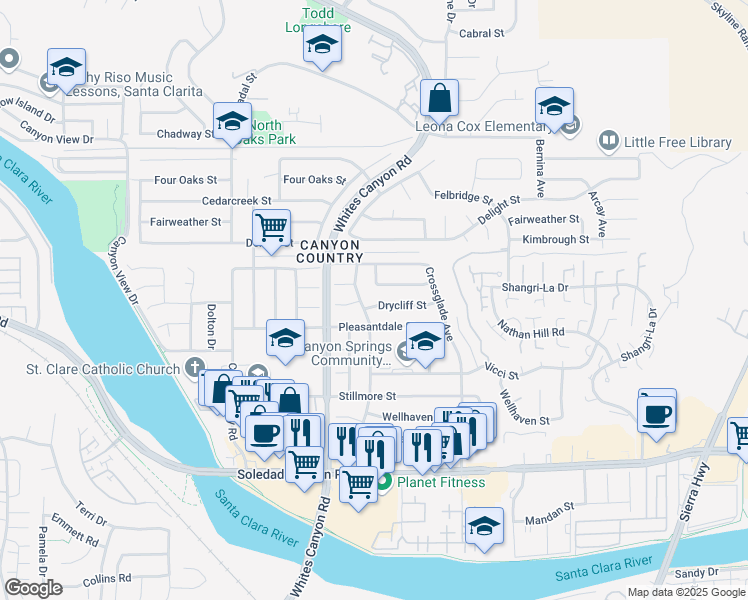 map of restaurants, bars, coffee shops, grocery stores, and more near 19141 Drycliff Street in Santa Clarita