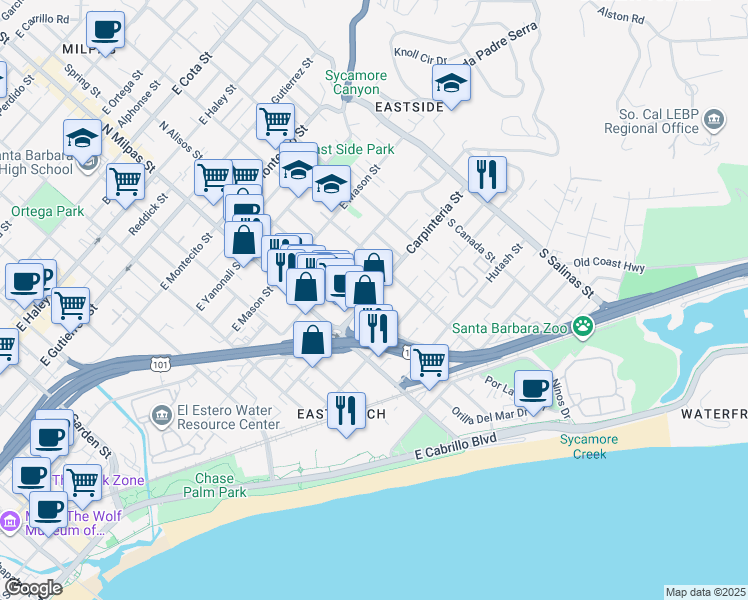 map of restaurants, bars, coffee shops, grocery stores, and more near 1012A Carpinteria Street in Santa Barbara