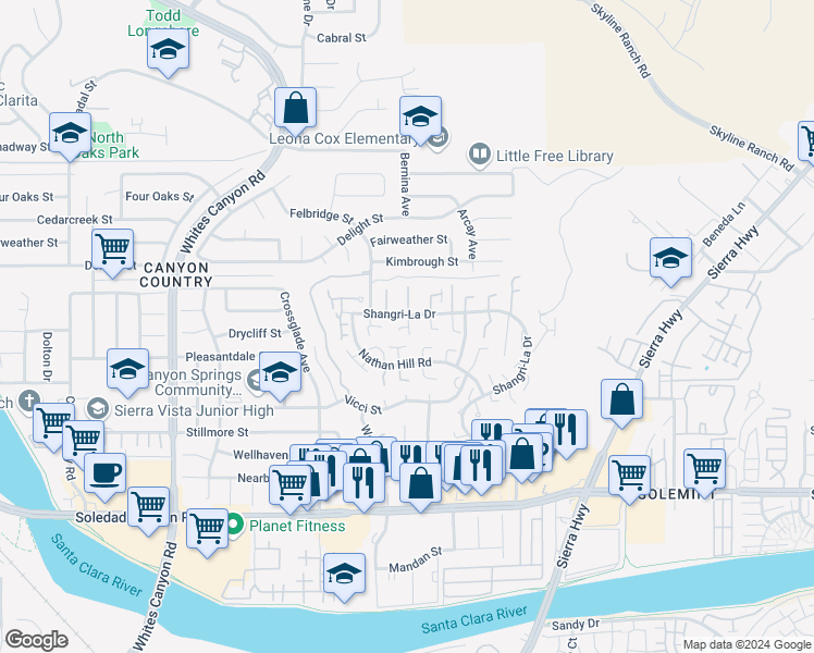 map of restaurants, bars, coffee shops, grocery stores, and more near 27660 Heather Ridge Way in Santa Clarita