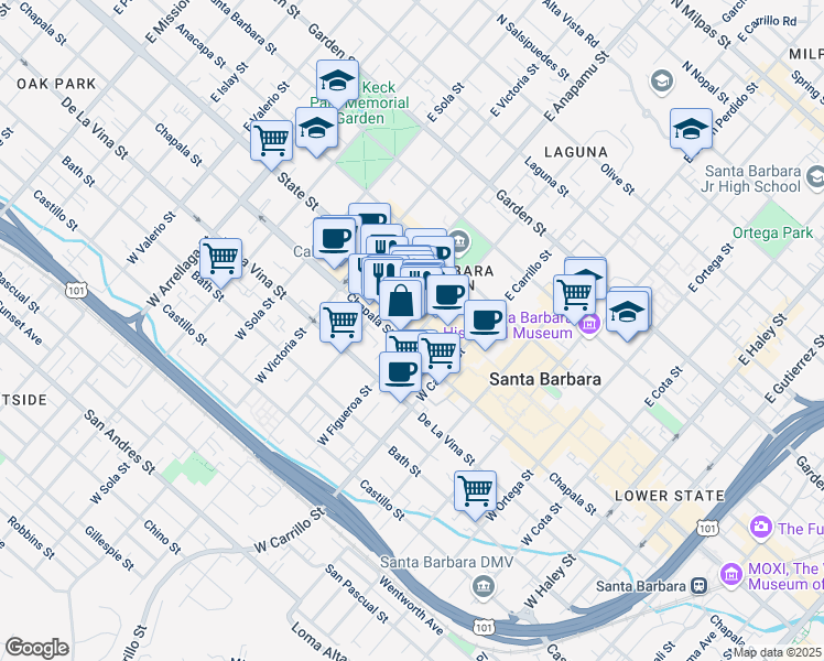 map of restaurants, bars, coffee shops, grocery stores, and more near 26 West Figueroa Street in Santa Barbara