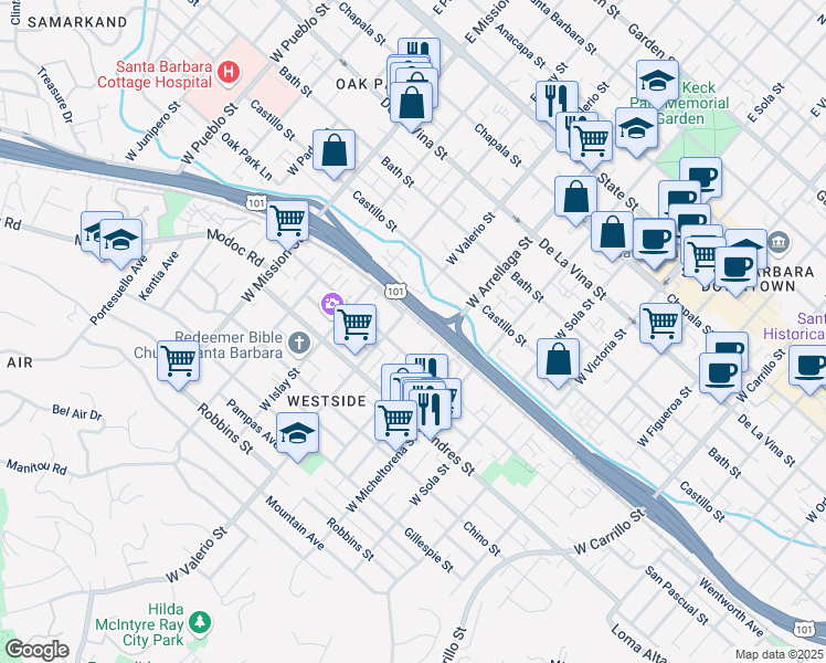 map of restaurants, bars, coffee shops, grocery stores, and more near 508 West Arrellaga Street in Santa Barbara