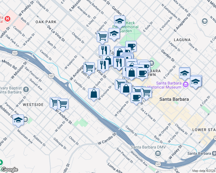 map of restaurants, bars, coffee shops, grocery stores, and more near 216 West Victoria Street in Santa Barbara