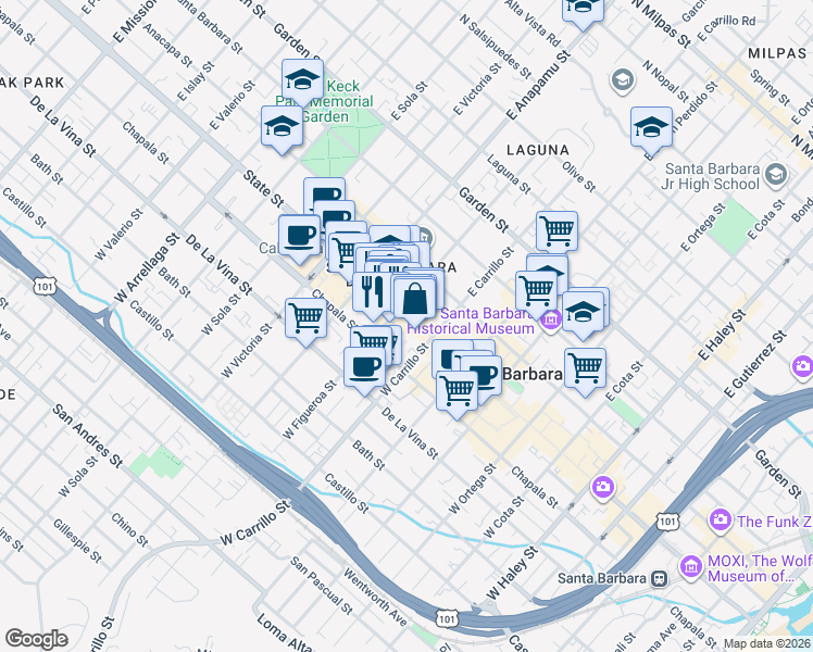 map of restaurants, bars, coffee shops, grocery stores, and more near 1027 State Street in Santa Barbara