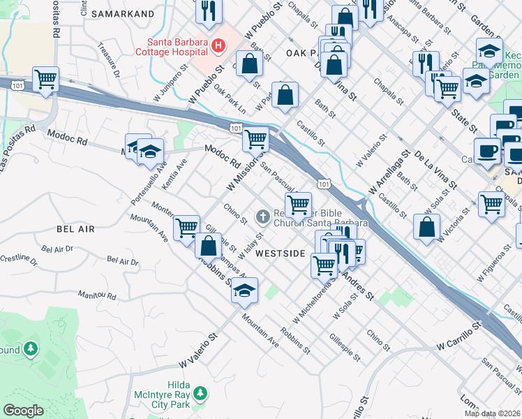 map of restaurants, bars, coffee shops, grocery stores, and more near 1819 San Andres Street in Santa Barbara