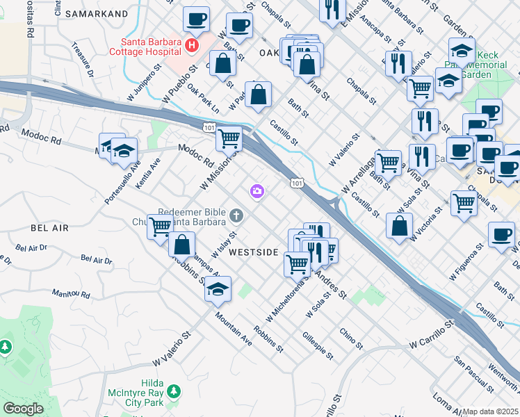 map of restaurants, bars, coffee shops, grocery stores, and more near 1735 Sunset Avenue in Santa Barbara