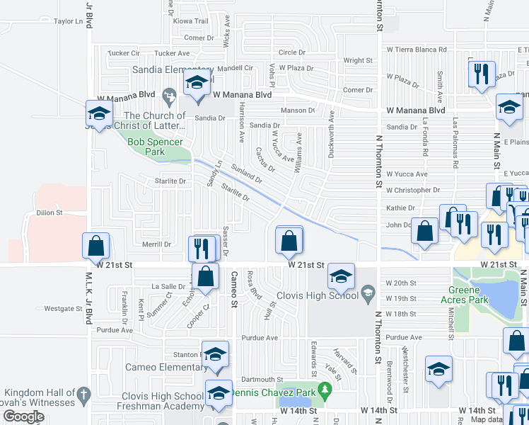 map of restaurants, bars, coffee shops, grocery stores, and more near 209 Starlight Drive in Clovis