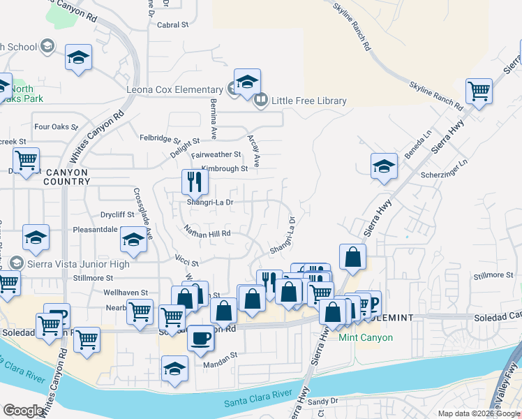 map of restaurants, bars, coffee shops, grocery stores, and more near 27641 Atlas Lane in Santa Clarita