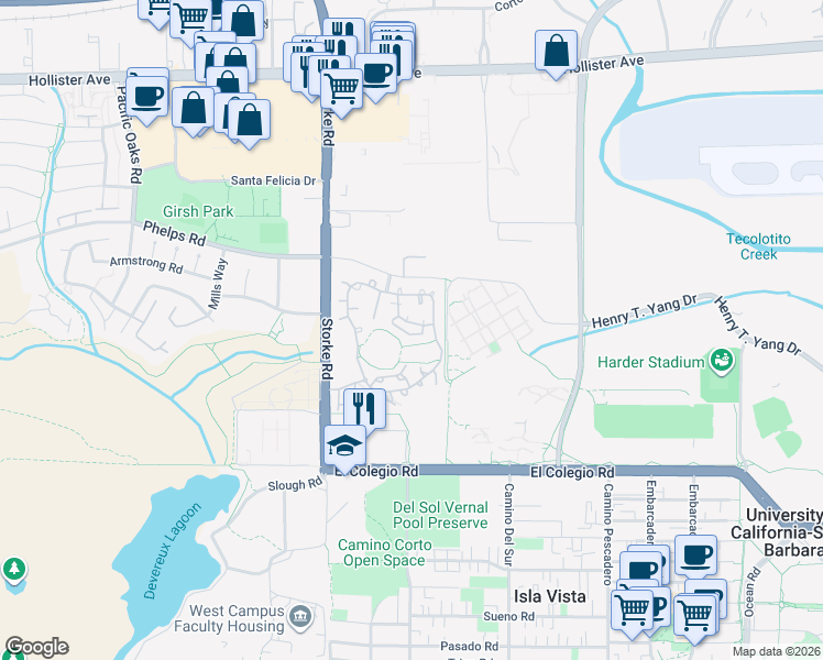 map of restaurants, bars, coffee shops, grocery stores, and more near 6822 Silkberry Lane in Goleta