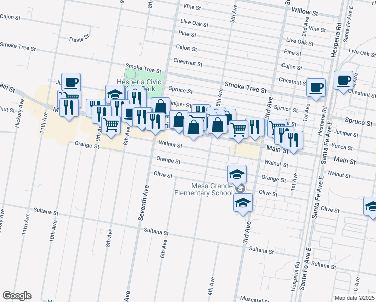 map of restaurants, bars, coffee shops, grocery stores, and more near Walnut Street in Hesperia