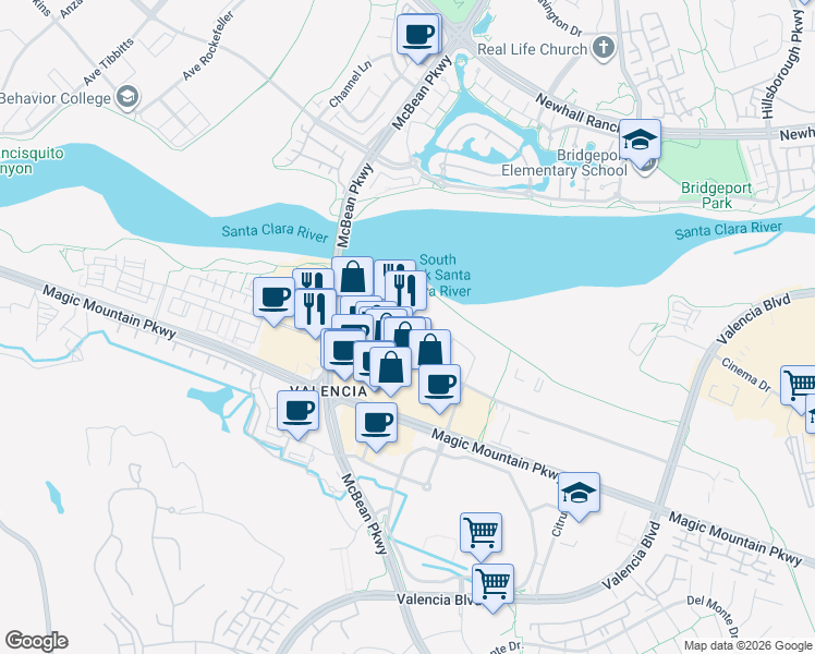map of restaurants, bars, coffee shops, grocery stores, and more near 24233 Creekside Road in Santa Clarita