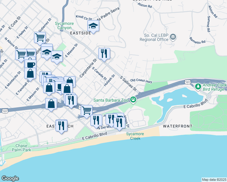 map of restaurants, bars, coffee shops, grocery stores, and more near 1225 Punta Gorda Street in Santa Barbara