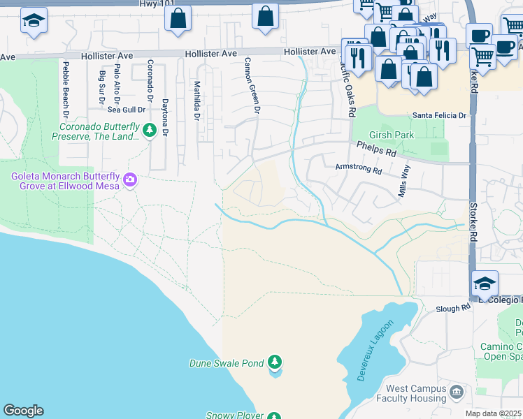 map of restaurants, bars, coffee shops, grocery stores, and more near 2309 Pacific Coast Drive in Goleta