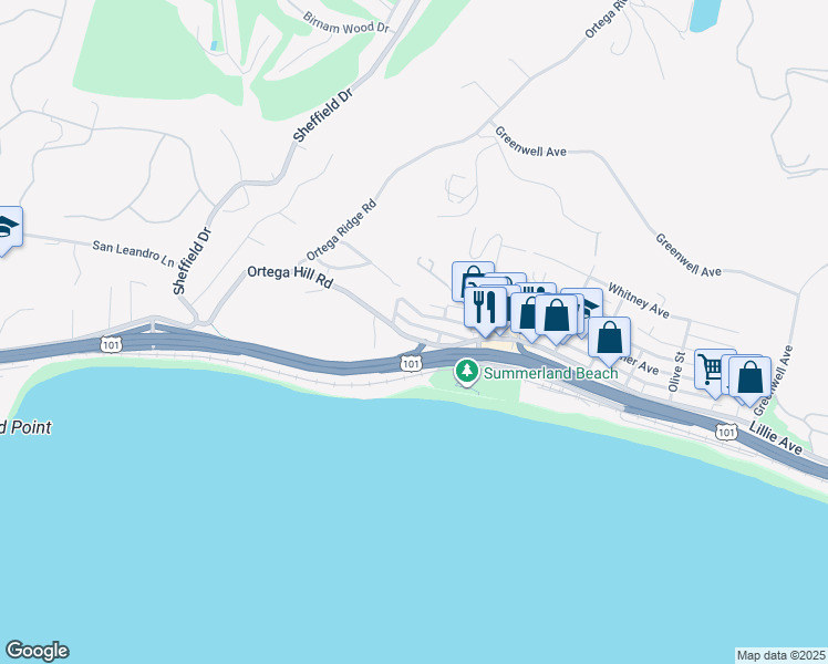 map of restaurants, bars, coffee shops, grocery stores, and more near 2176 Ortega Hill Road in Summerland
