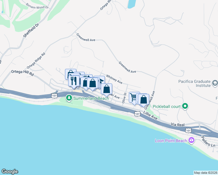 map of restaurants, bars, coffee shops, grocery stores, and more near 2402 Shelby Street in Summerland