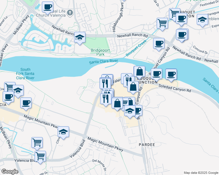 map of restaurants, bars, coffee shops, grocery stores, and more near 23320 Valencia Boulevard in Santa Clarita