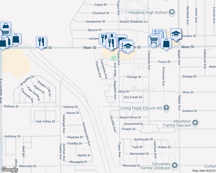 map of restaurants, bars, coffee shops, grocery stores, and more near 14031 Crystal Street in Hesperia