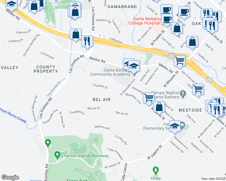 map of restaurants, bars, coffee shops, grocery stores, and more near 1102 Crestline Drive in Santa Barbara