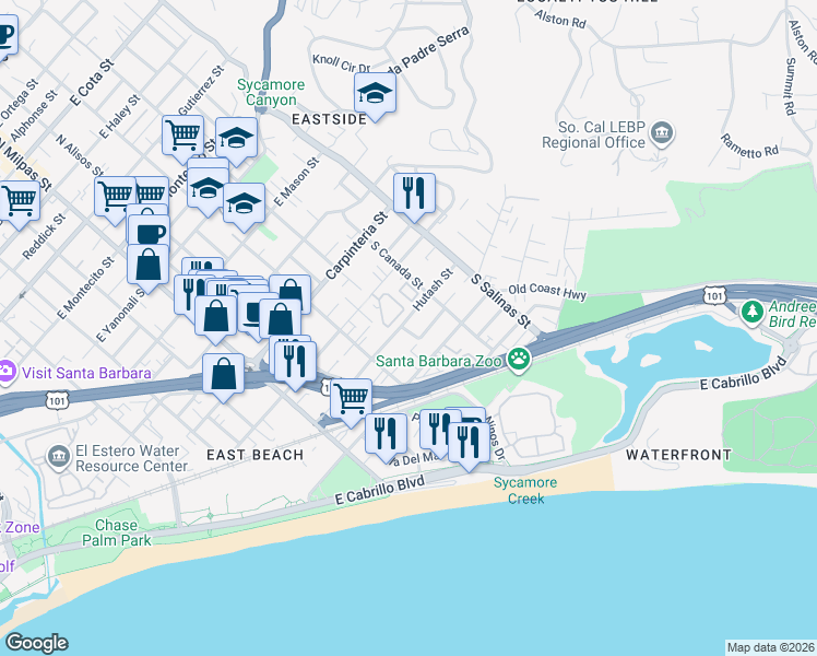 map of restaurants, bars, coffee shops, grocery stores, and more near 303 South Soledad Street in Santa Barbara