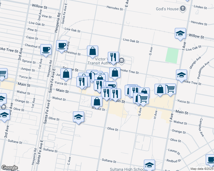 map of restaurants, bars, coffee shops, grocery stores, and more near 16968 Main Street in Hesperia