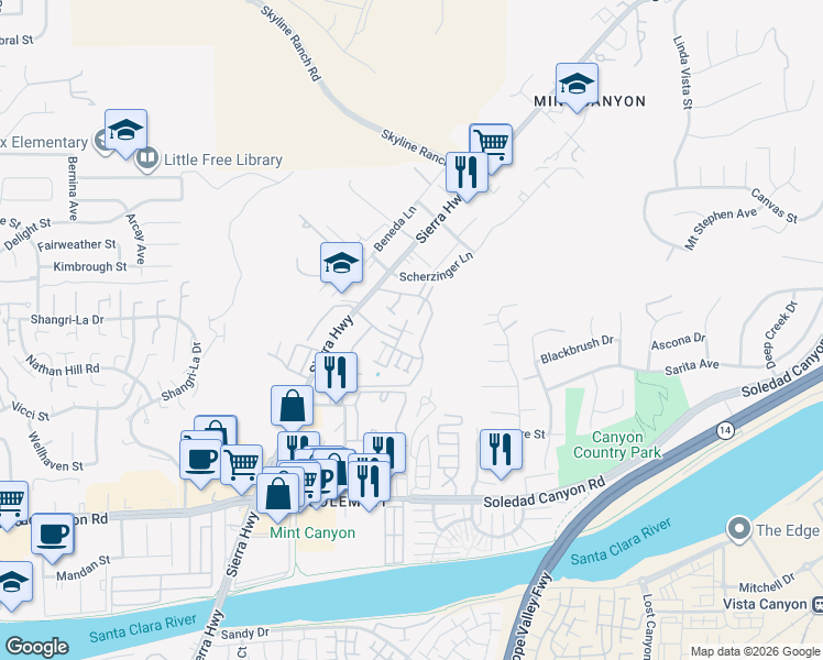 map of restaurants, bars, coffee shops, grocery stores, and more near 27949 Tyler Lane in Santa Clarita