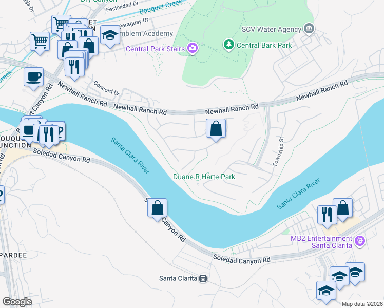 map of restaurants, bars, coffee shops, grocery stores, and more near 22590 Skipping Stone Drive in Santa Clarita