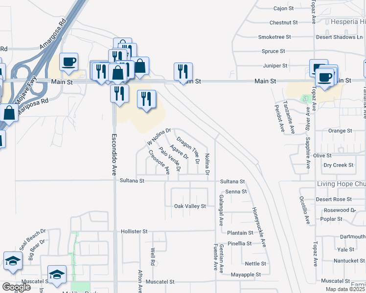 map of restaurants, bars, coffee shops, grocery stores, and more near 9390 Dragon Tree Drive in Hesperia