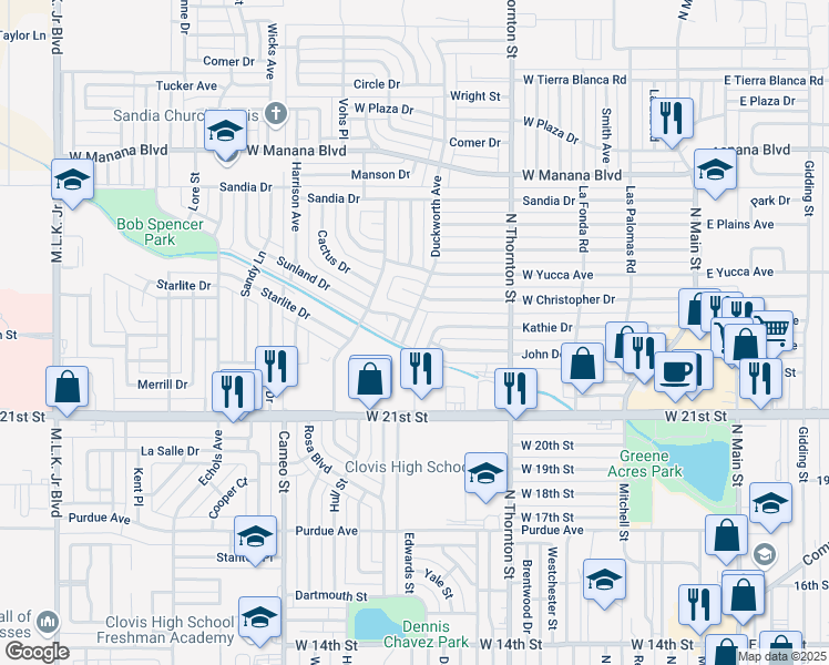 map of restaurants, bars, coffee shops, grocery stores, and more near 2205 Duckworth Ave in Clovis