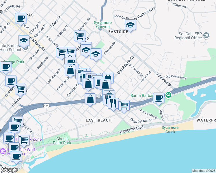map of restaurants, bars, coffee shops, grocery stores, and more near 1012A Carpinteria Street in Santa Barbara