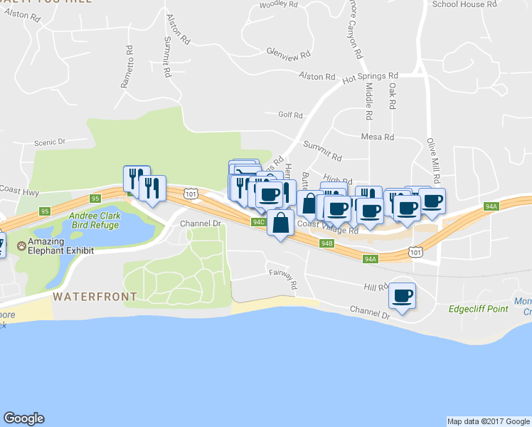 map of restaurants, bars, coffee shops, grocery stores, and more near 1054 Coast Village Road in Santa Barbara