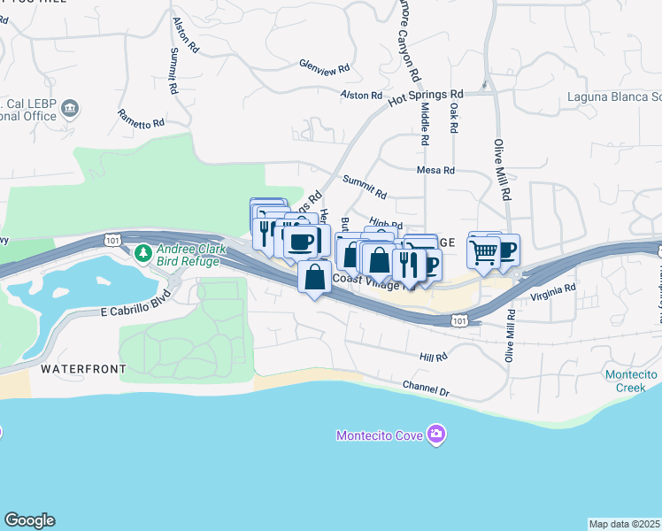 map of restaurants, bars, coffee shops, grocery stores, and more near 100 Hermosillo Road in Montecito