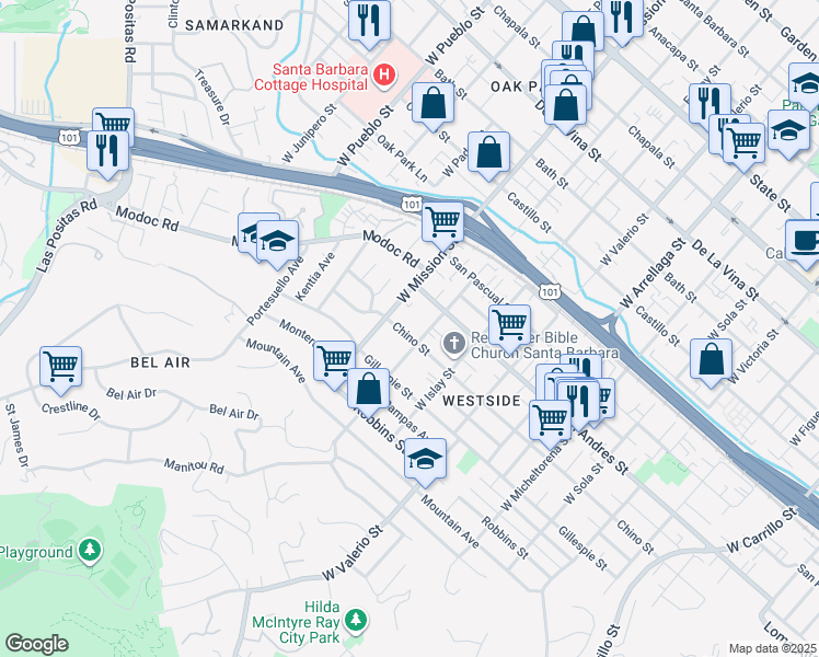 map of restaurants, bars, coffee shops, grocery stores, and more near 1914 Chino Street in Santa Barbara