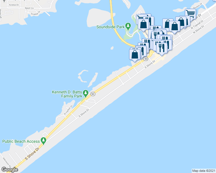 map of restaurants, bars, coffee shops, grocery stores, and more near 708 South Topsail Drive in Surf City