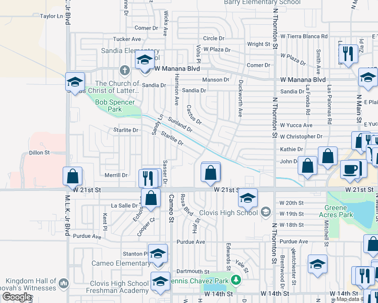 map of restaurants, bars, coffee shops, grocery stores, and more near 217 Starlite Drive in Clovis