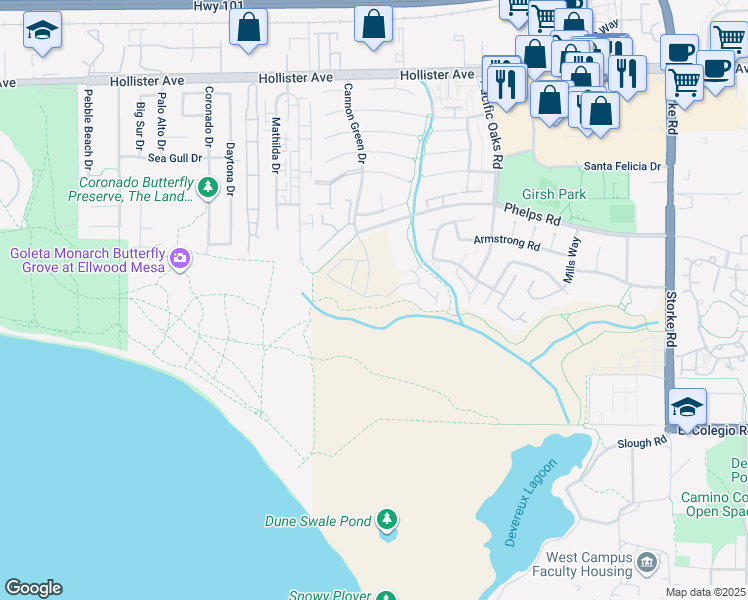 map of restaurants, bars, coffee shops, grocery stores, and more near 2305 Pacific Coast Drive in Goleta