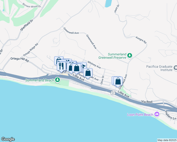 map of restaurants, bars, coffee shops, grocery stores, and more near 2402 Shelby Street in Summerland