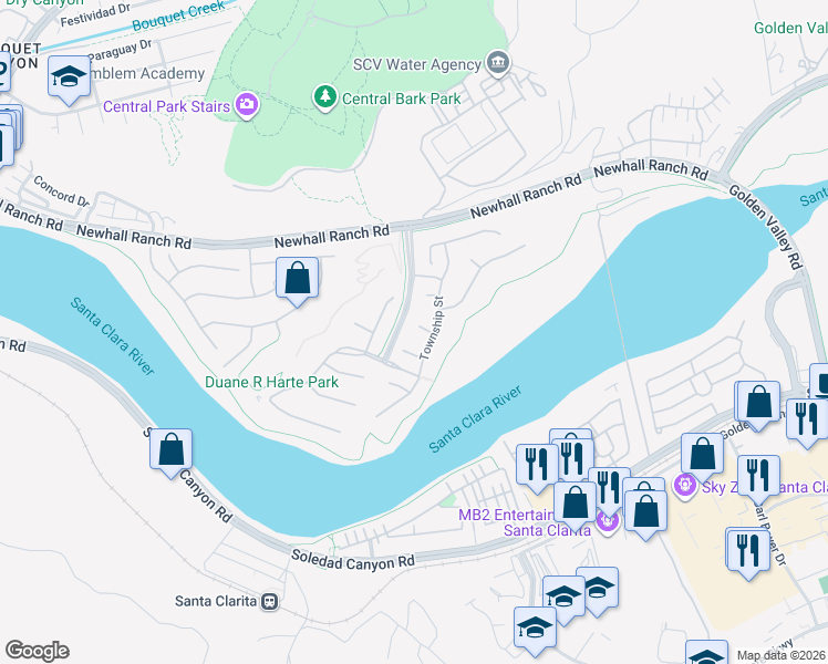 map of restaurants, bars, coffee shops, grocery stores, and more near 22390 Trailside Court in Santa Clarita