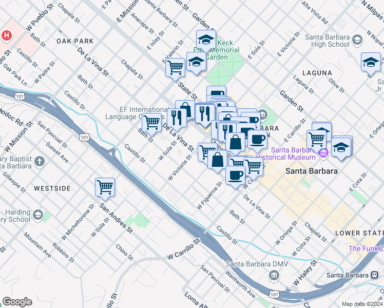 map of restaurants, bars, coffee shops, grocery stores, and more near 204 West Victoria Street in Santa Barbara