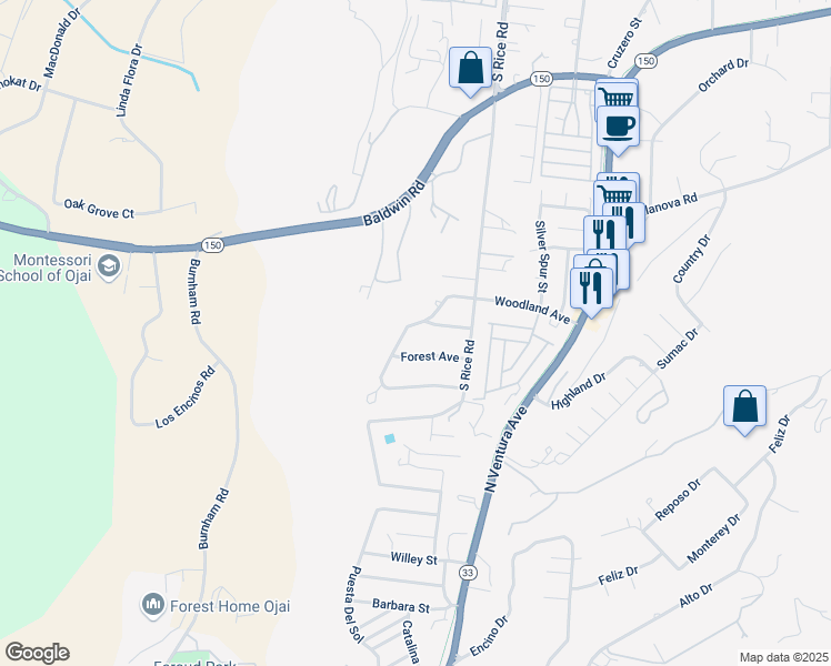 map of restaurants, bars, coffee shops, grocery stores, and more near 2110 Woodland Avenue in Ojai