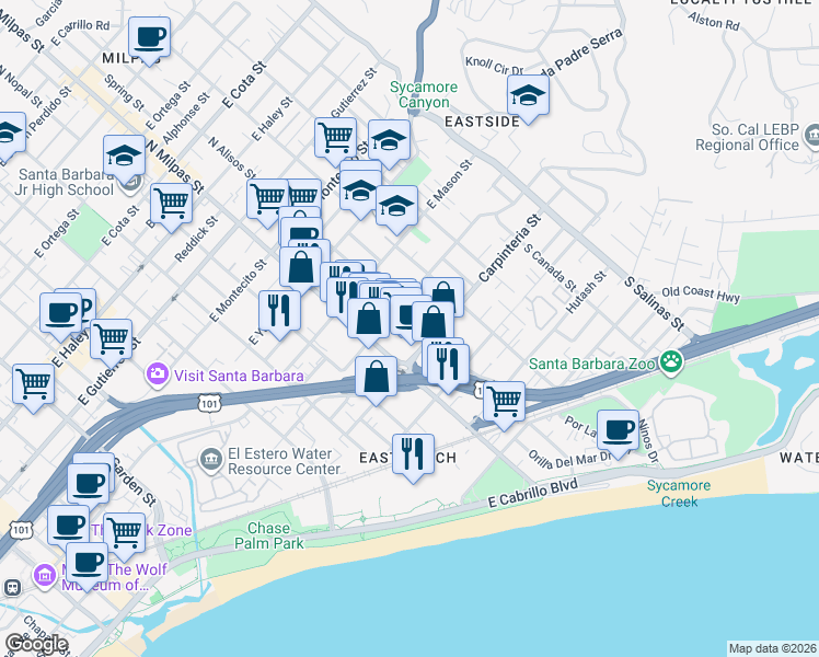 map of restaurants, bars, coffee shops, grocery stores, and more near 18 South Alisos Street in Santa Barbara