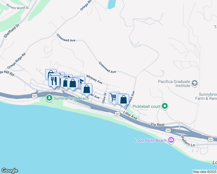 map of restaurants, bars, coffee shops, grocery stores, and more near 190 Olive Street in Summerland