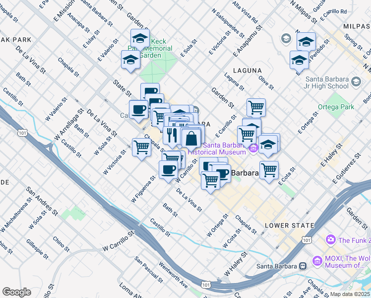 map of restaurants, bars, coffee shops, grocery stores, and more near 1029 State Street in Santa Barbara